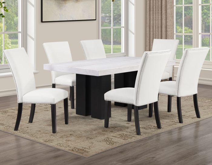 Artemis 5-Piece 70″ Rect White Marble Table, Black Finish w/ White Vegan Leather Chairs