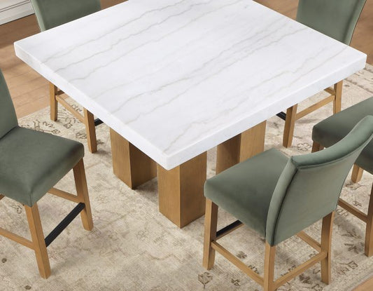 Artemis 5-Piece 54″ Square White Marble Counter Table, Sand Finish w/ Green Velvet Counter Chairs