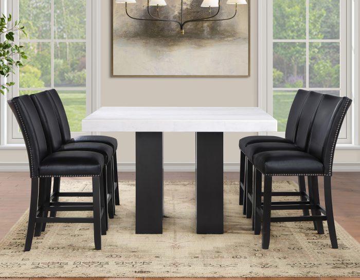 Artemis 54″ Square White Marble Counter Table with Black Vegan Leather Counter Chairs
