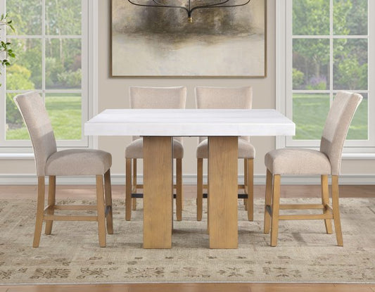 Artemis 5 Piece 54″ Square White Marble Counter Table, Tan Finish w/ Beige Chenille Counter Chairs