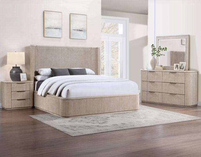 Henry Reeded Queen-King Bed-Chest-Nightstand-Dresser-Mirror Tan Finish