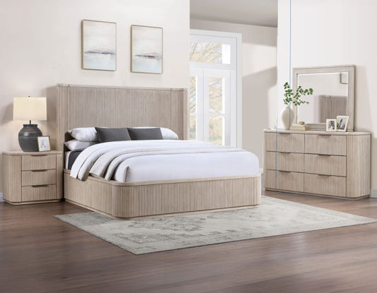 Henry Reeded Queen-King Bed-Chest-Nightstand-Dresser-Mirror Tan Finish
