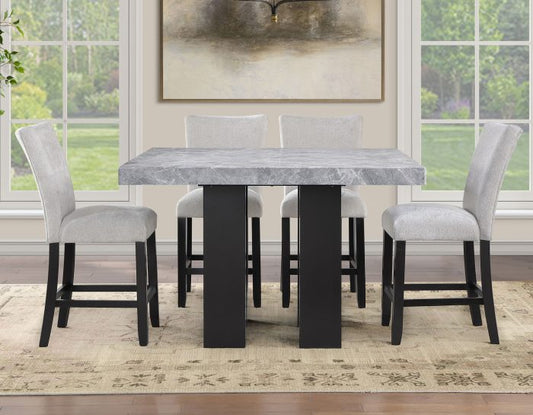 Artemis 5-piece 54″ Square Gray Marble Counter Table with Gray Chenille Counter Chairs