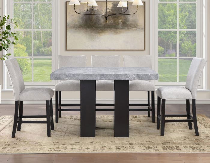 Artemis 5-piece 54″ Square Gray Marble Counter Table with Gray Chenille Counter Chairs