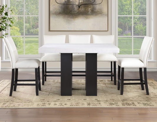 Artemis 54″ Square White Marble Counter Table with Artemis White Vegan Leather Counter Chairs