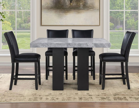 Artemis 54″ Square Gray Marble Counter Table with Artemis Black Vegan Leather Counter Chairs