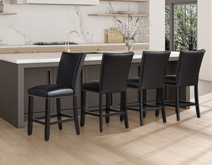 Artemis 54″ Square Gray Marble Counter Table with  Artemis Black Vegan Leather Counter Chairs