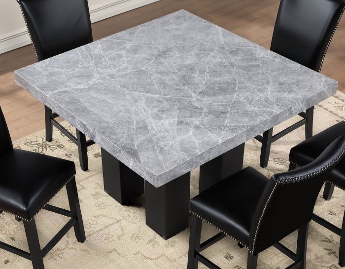 Artemis 54″ Square Gray Marble Counter Table with  Artemis Black Vegan Leather Counter Chairs