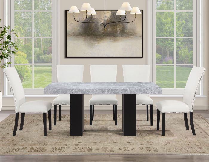 Artemis 70″ Rect Gray Marble Table & Black Finish w/ White Vegan Leather Chairs