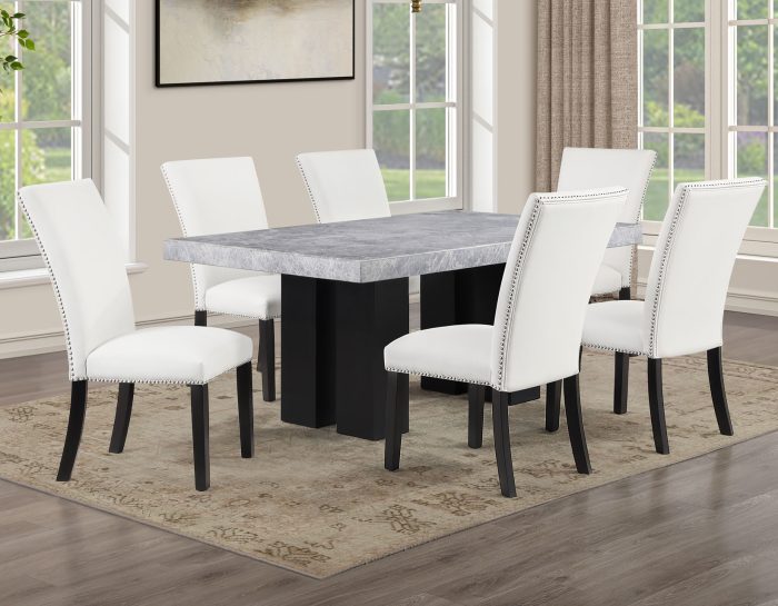 Artemis 70″ Rect Gray Marble Table & Black Finish w/ White Vegan Leather Chairs
