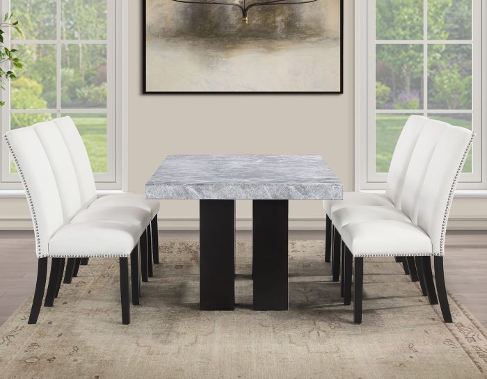Artemis 70″ Rect Gray Marble Table & Black Finish w/ White Vegan Leather Chairs