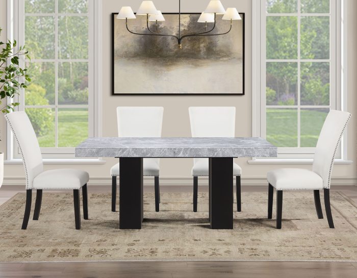 Artemis 70″ Rect Gray Marble Table & Black Finish w/ White Vegan Leather Chairs