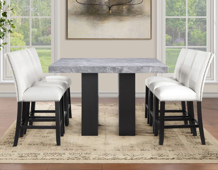 Artemis 5-piece 54″ Square Gray Marble Counter Table with Artemis White Vegan Leather Counter Chairs