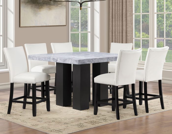 Artemis 5-piece 54″ Square Gray Marble Counter Table with Artemis White Vegan Leather Counter Chairs