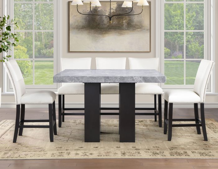 Artemis 5-piece 54″ Square Gray Marble Counter Table with Artemis White Vegan Leather Counter Chairs