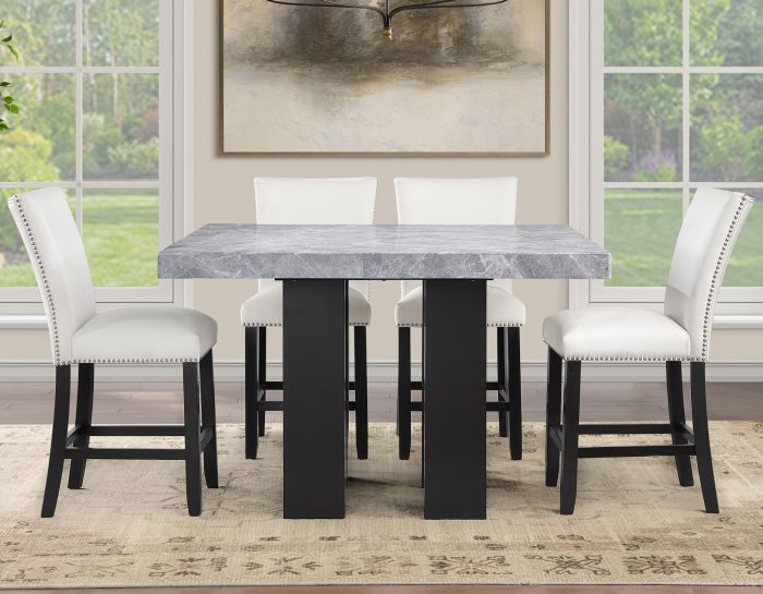 Artemis 5-piece 54″ Square Gray Marble Counter Table with Artemis White Vegan Leather Counter Chairs