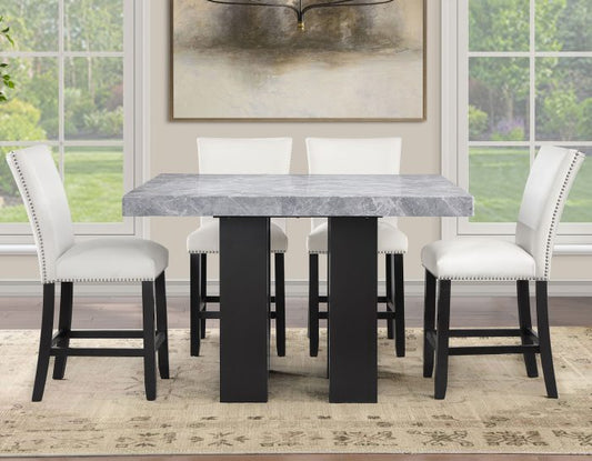 Artemis 5-piece 54″ Square Gray Marble Counter Table with Artemis White Vegan Leather Counter Chairs