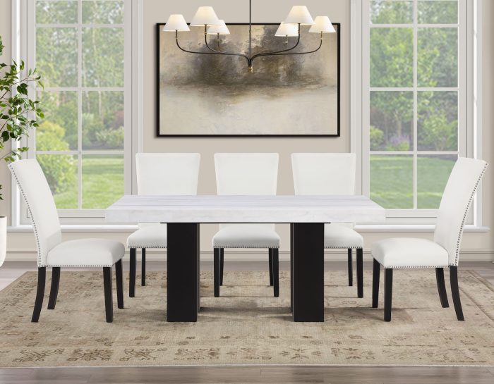 Artemis 5-Piece 70″ Rect White Marble Table, Black Finish w/ White Vegan Leather Chairs