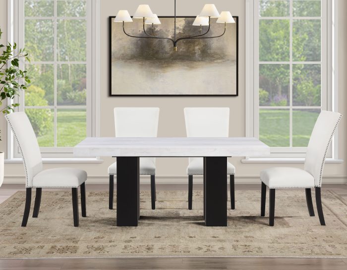 Artemis 5-Piece 70″ Rect White Marble Table, Black Finish w/ White Vegan Leather Chairs