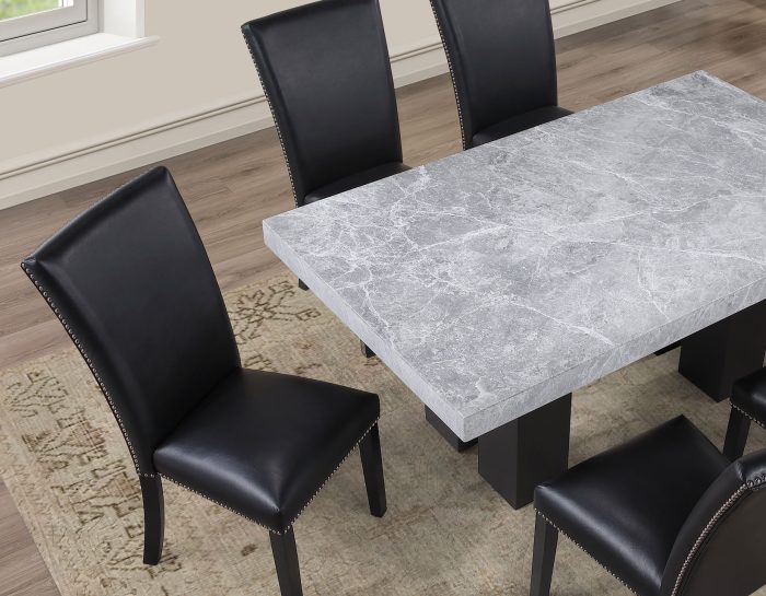 Artemis 5-Piece 70″ Rect Gray Marble Table, Black Finish w/ Black Vegan Leather Chairs