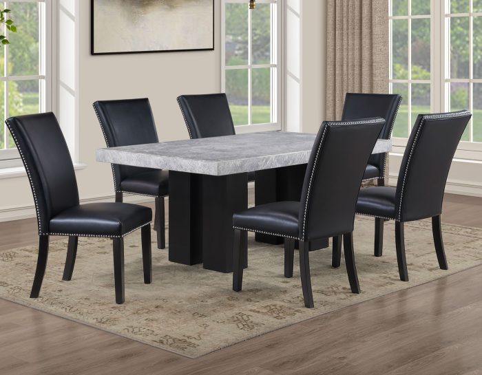 Artemis 5-Piece 70″ Rect Gray Marble Table, Black Finish w/ Black Vegan Leather Chairs
