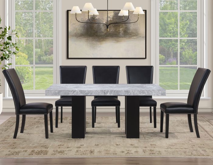 Artemis 5-Piece 70″ Rect Gray Marble Table, Black Finish w/ Black Vegan Leather Chairs