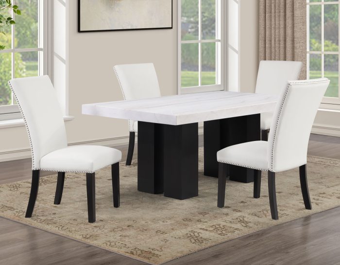 Artemis 5-Piece 70″ Rect White Marble Table, Black Finish w/ White Vegan Leather Chairs