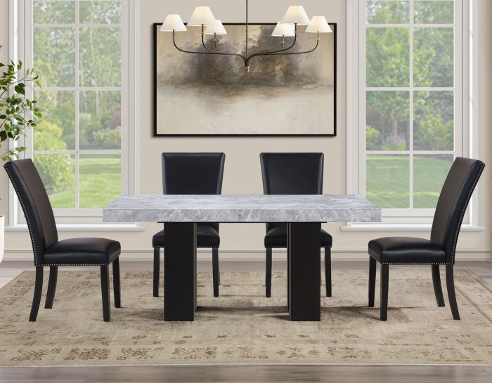Artemis 5-Piece 70″ Rect Gray Marble Table, Black Finish w/ Black Vegan Leather Chairs