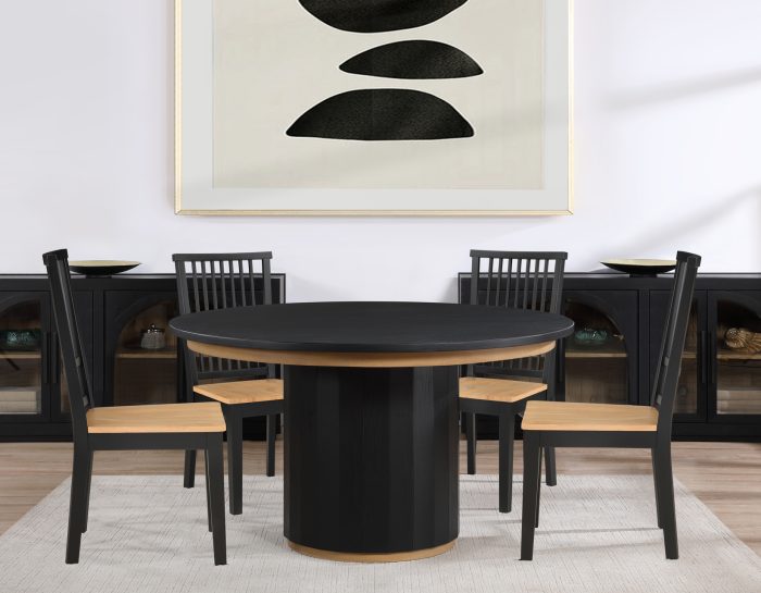 Magnolia Black Round Dining Set with Wooden Seat Chair (52 inch)
