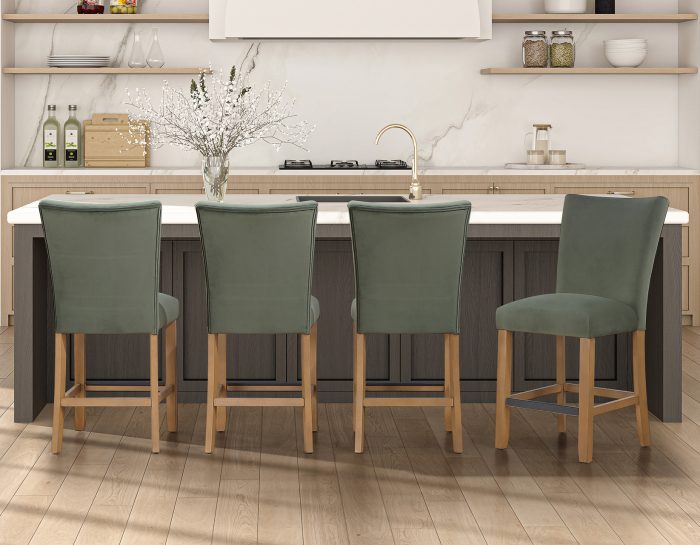 Artemis 5-Piece 54″ Square White Marble Counter Table, Sand Finish w/ Green Velvet Counter Chairs