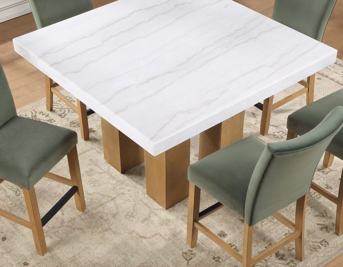 Artemis 5-Piece 54″ Square White Marble Counter Table, Sand Finish w/ Green Velvet Counter Chairs