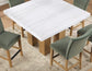 Artemis 5-Piece 54″ Square White Marble Counter Table, Sand Finish w/ Green Velvet Counter Chairs