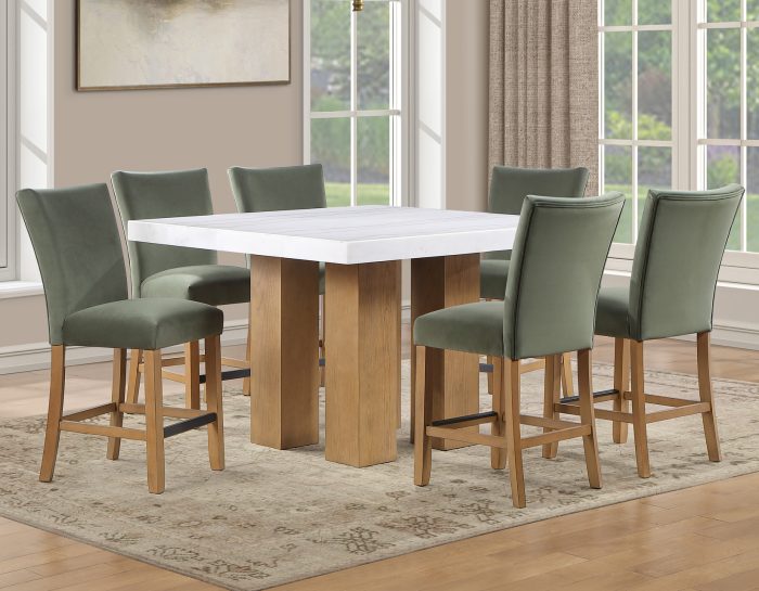 Artemis 5-Piece 54″ Square White Marble Counter Table, Sand Finish w/ Green Velvet Counter Chairs