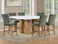 Artemis 5-Piece 54″ Square White Marble Counter Table, Sand Finish w/ Green Velvet Counter Chairs