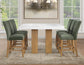 Artemis 5-Piece 54″ Square White Marble Counter Table, Sand Finish w/ Green Velvet Counter Chairs