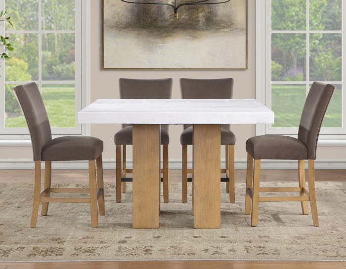 Artemis 5-Piece 54″ Square White Marble Counter Table, Sand Finish w/ Brown Velvet Counter Chairs