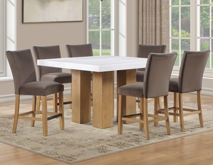 Artemis 5-Piece 54″ Square White Marble Counter Table, Sand Finish w/ Brown Velvet Counter Chairs