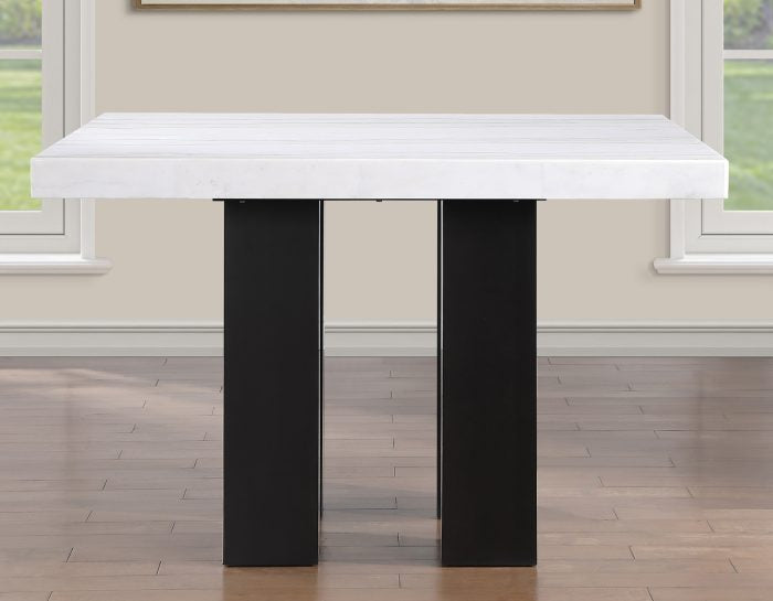 Artemis 54″ Square White Marble Counter Table with  Black Vegan Leather Counter Chairs