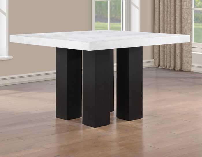 Artemis 54″ Square White Marble Counter Table with  Black Vegan Leather Counter Chairs