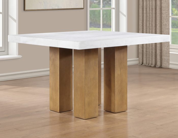 Artemis 5 Piece 54″ Square White Marble Counter Table, Tan Finish w/ Beige Chenille Counter Chairs