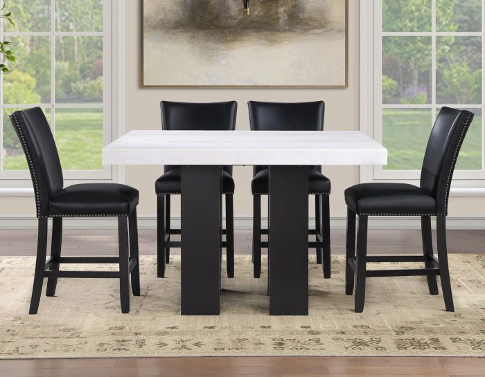 Artemis 54″ Square White Marble Counter Table with  Black Vegan Leather Counter Chairs