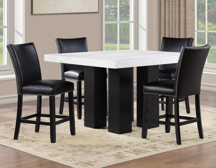 Artemis 54″ Square White Marble Counter Table with  Black Vegan Leather Counter Chairs