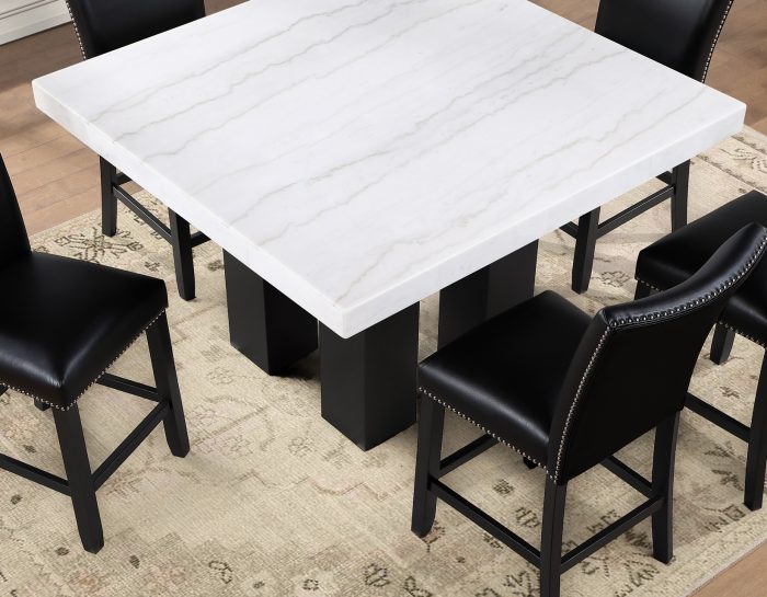 Artemis 54″ Square White Marble Counter Table with  Black Vegan Leather Counter Chairs