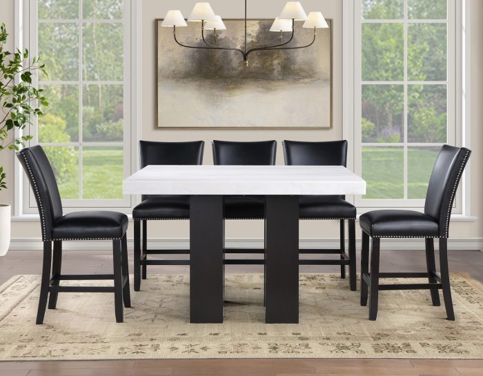 Artemis 54″ Square White Marble Counter Table with  Black Vegan Leather Counter Chairs