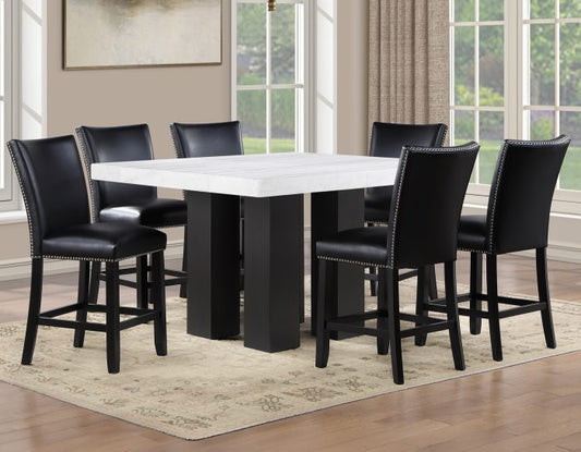 Artemis 54″ Square White Marble Counter Table with  Black Vegan Leather Counter Chairs