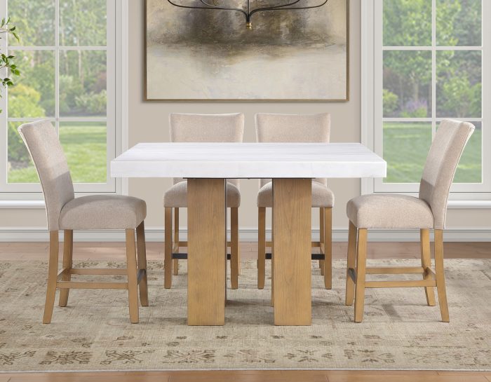 Artemis 5 Piece 54″ Square White Marble Counter Table, Tan Finish w/ Beige Chenille Counter Chairs
