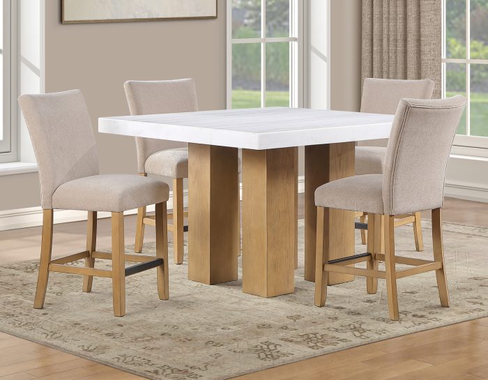 Artemis 5 Piece 54″ Square White Marble Counter Table, Tan Finish w/ Beige Chenille Counter Chairs