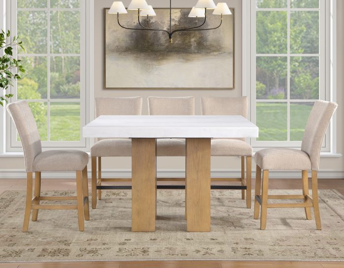Artemis 5 Piece 54″ Square White Marble Counter Table, Tan Finish w/ Beige Chenille Counter Chairs