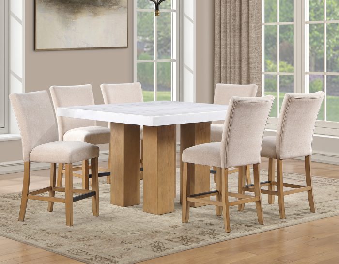 Artemis 5 Piece 54″ Square White Marble Counter Table, Tan Finish w/ Beige Chenille Counter Chairs
