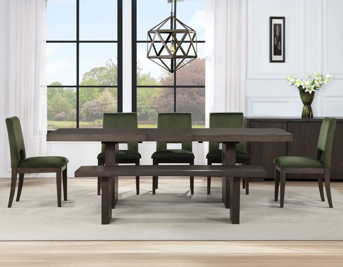Evan 78-96-inch Table with Green Velvet Chairs